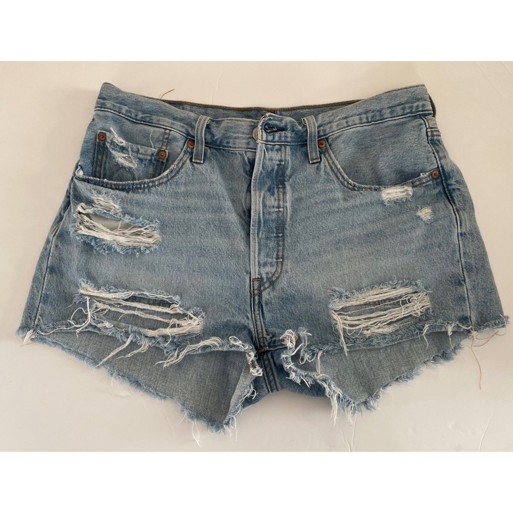 Levis 501 Original High Rise Distressed Denim Shorts Light Wash Blue W31